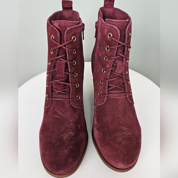 Diba Blake Suede Ankle Bootie Wedge Heel Lace Up Round Toe Burgundy Womens - Picture 3 of 15